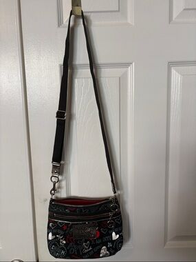 Coach Black Crossbody with Red Accents and Multicolor Heart Script Print